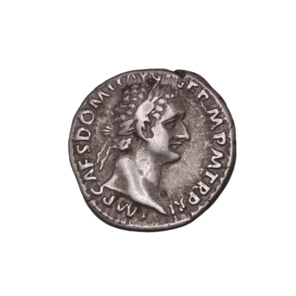 Domitian AR Denarius - Minerva standing left, holding spear and thunderbolt.