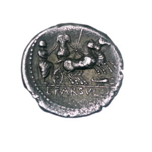 Alternative view of L. Farsuleius Mensor AR Denarius - Roma in Biga Assisting Figure to Mount