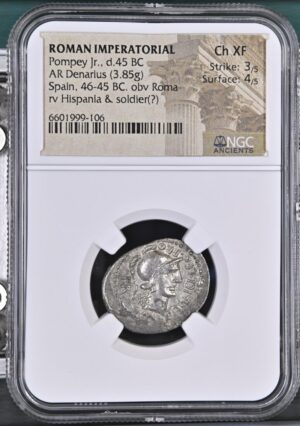 Cnaeus Pompey Jr AR Denarius - Corduba Mint (NGC Graded Ch XF)