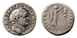 Vespasian AR Denarius - Victory Placing Wreath On Signum (Judaea Capta Series)
