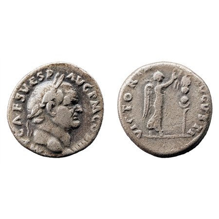 Vespasian AR Denarius - Victory Placing Wreath On Signum (Judaea Capta Series)
